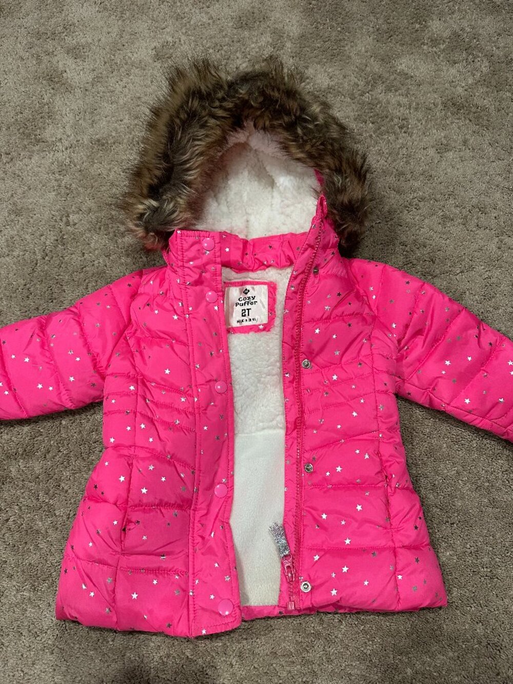 Cozy Puffer Girls 2T Hot Pink Silver Star Puffer Jacket Faux Fur Hood Sherpa Lin